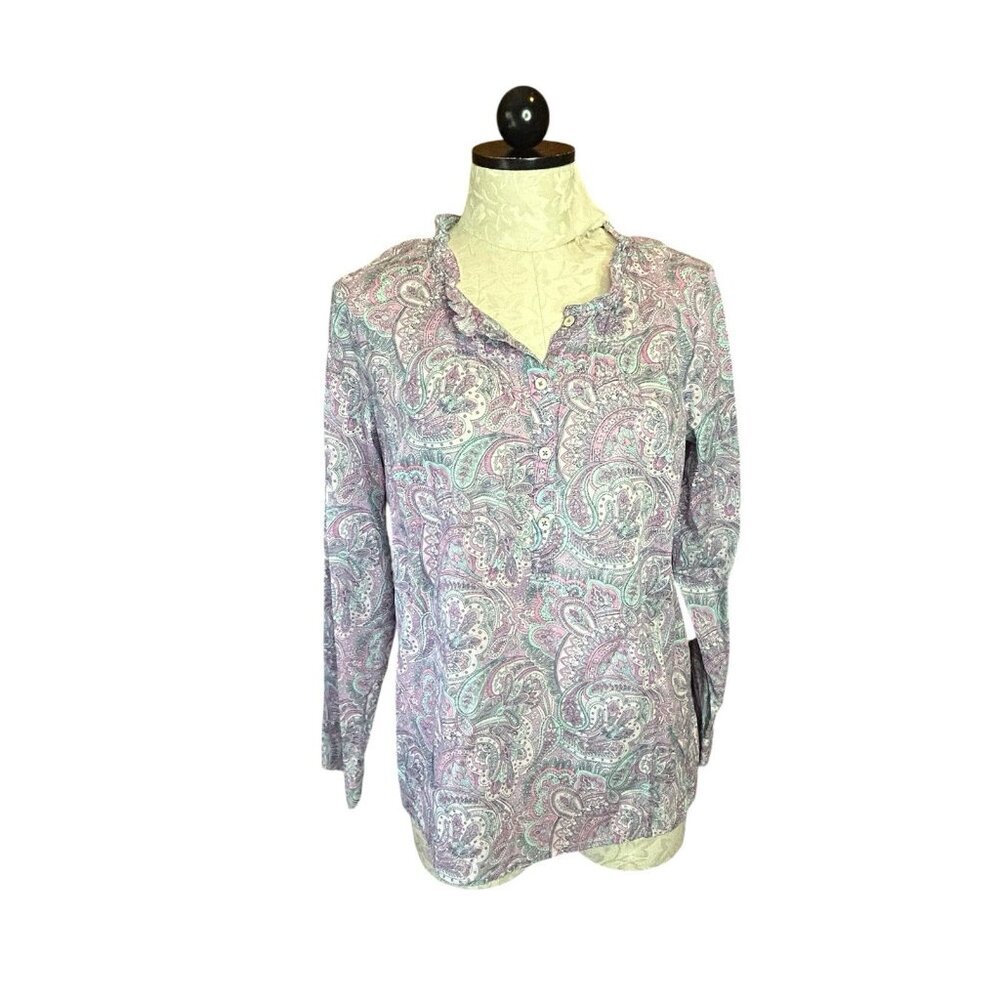 Talbots‎ Blouse M PETITE Pink & Turquoise Paisley Floral Long Sleeve Ruffle Neck